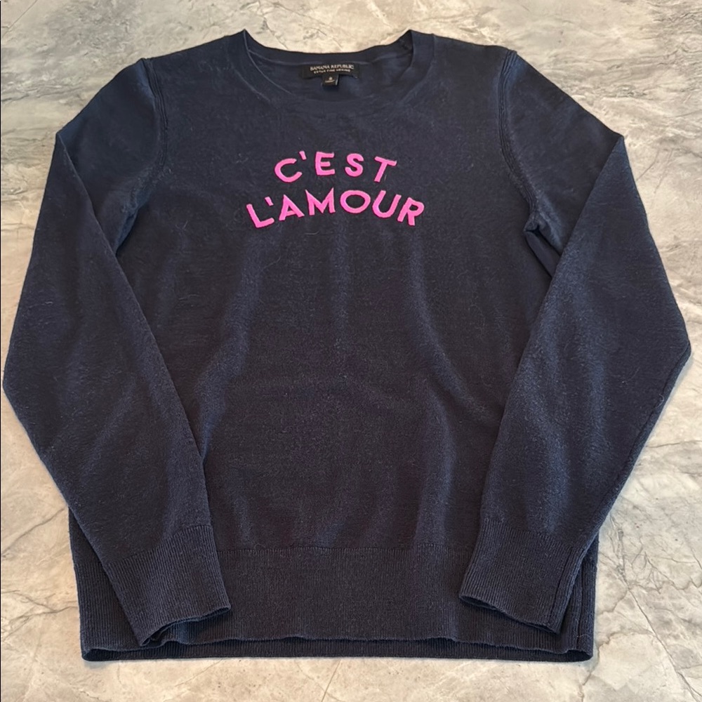 Banana Republic Navy Blue Sweater with C’est L’amour Pink Lettering, fine merino